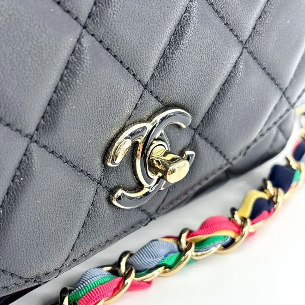 Chanel Mini Flap Bag Black Lambskin Gold Hardware Multicolor Ribbon Chain